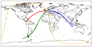 Matplotlib Basemap Tutorial 08: Shooting great circles from 1 point on Earth